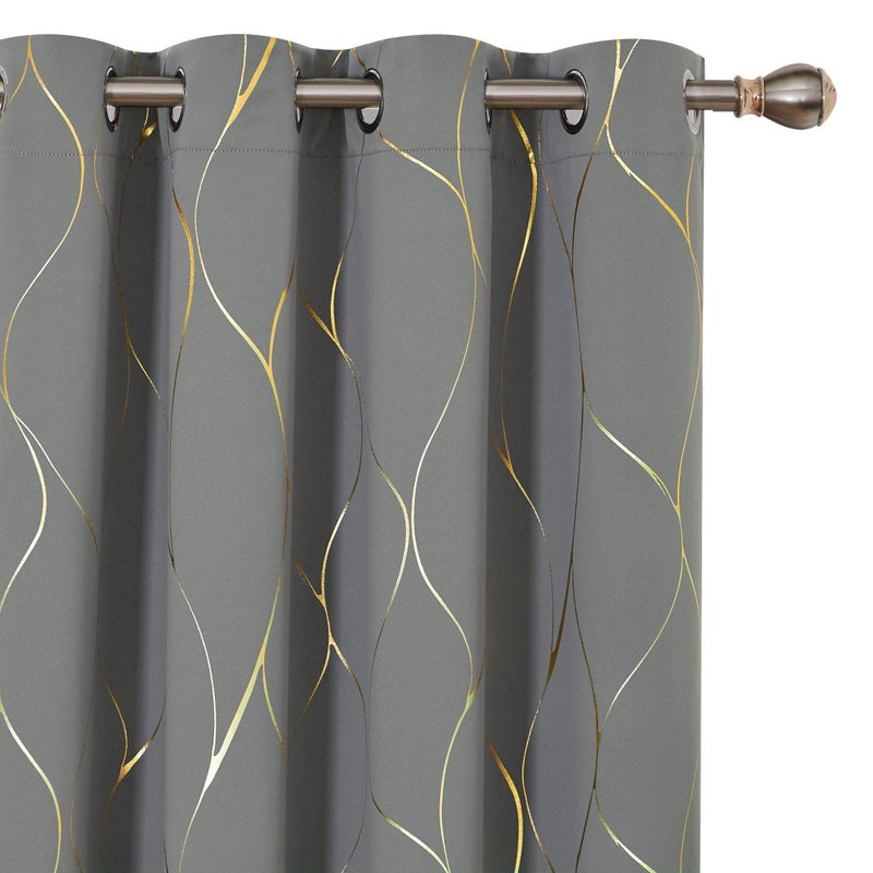 Deconovo Silver or Gold Wave Print Blackout Curtains - Thermal Insulated & Noise‑Reducing Grommet Drapes for Bedroom & Living Room，Light Grey/Line，52W x 84L，2 Panels - Image 1